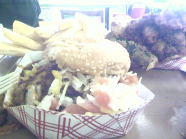 'Chili Size' Blimpy Burger with french fries and fried mixed veggies