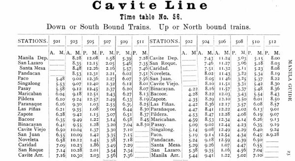 Time Table for MRR - Cavite Line - 1908