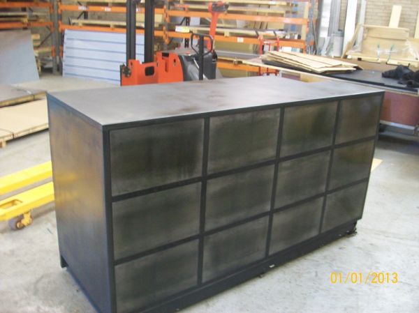 35 - Selfridges Sweaty Betty Counter, Dark Patina Zinc with Light Patina Zinc Inlay Panels