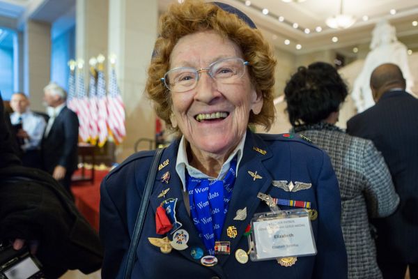 Betty Strohfus, who served during WWII as a Women Airforce Service Pilot (W.A.S.P), expresses her excitement following the presentation of the Congressional Gold Medal for the Civil Air Patrol.