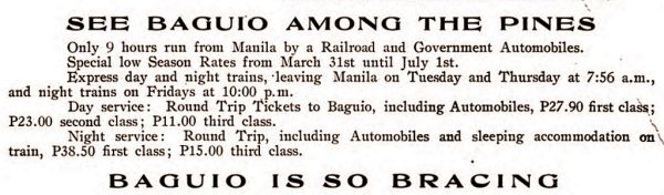 MRR advertisement for trains to from Manila to Baguio and rtn 1912