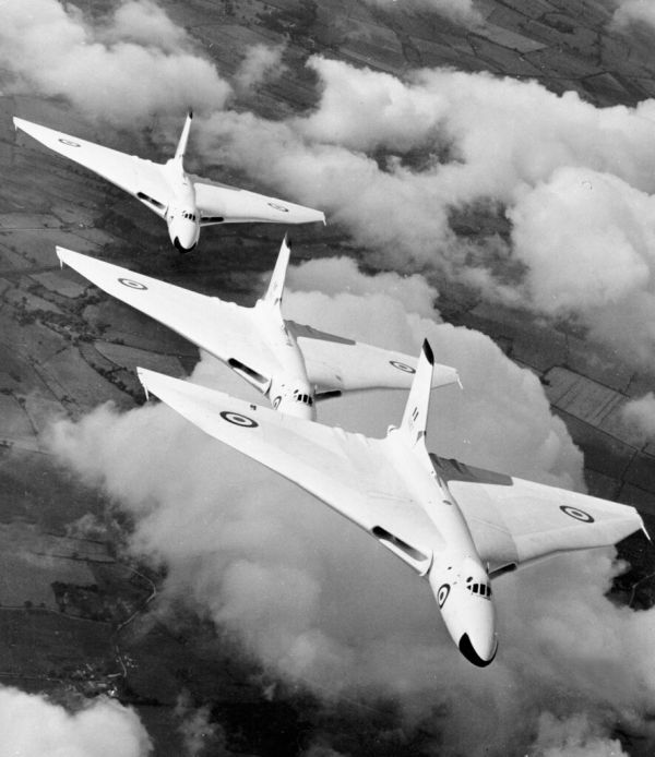 Avro 'Vulcan's' (later Hawker Siddeley 'Vulcan' from July 1963) bombers from RAF Waddington flying in formation in 1957.