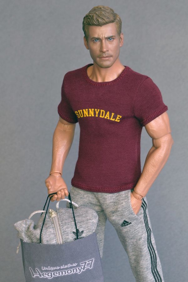 1/6th scale custom Sunnydale T-shirt and sweatpants - and tracksuit top in the shopping bag - inspired by Buffy the Vampire Slayer - on 12 inch Hot Toys TTM 19 collectible figure