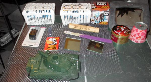 20170603 - yardsale haul - dishwasher cages, Star Wars trivia, toy tank, etc. - 141330