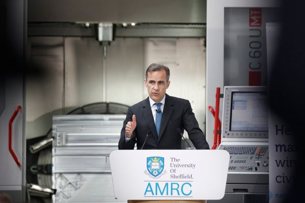 Mark Carney at the University of Sheffield Advanced Manufacturing Research Centre (AMRC) in Sheffield, U.K