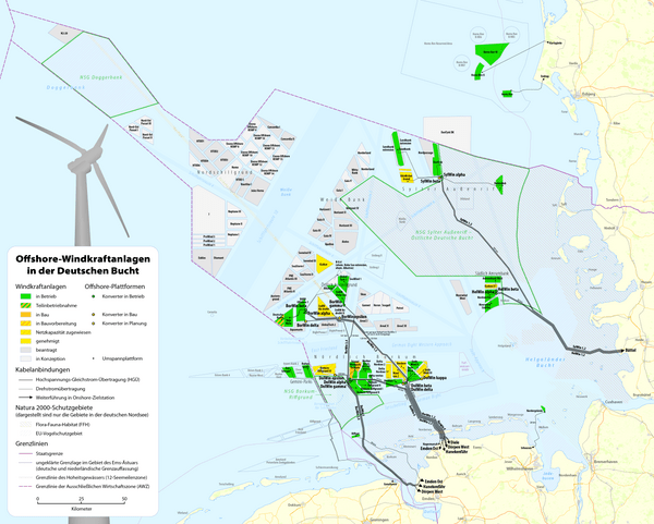 Karte Offshore-Windkraftanlagen in der Deutschen Bucht
