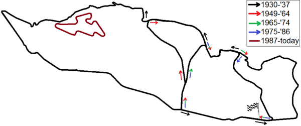 All layouts of the Masaryk Circuit (Brno Circuit) between 1930 and today combined