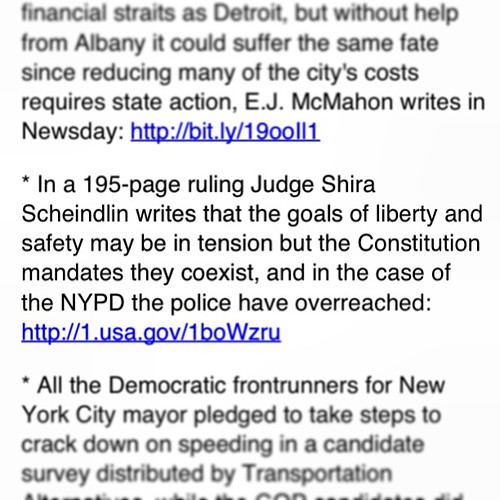 From @cityandstate - In a 195-page ruling Judge Shira Scheindlin writes that the goals of liberty and safety may be in tension but the Constitution mandates they coexist, and in the case of the NYPD the police have overreached: http://1.usa.gov/1boWzru