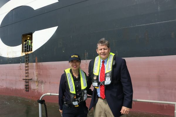 NTSB Vice Chairman Dinh-Zarr observes a pilot boarding of an inbound containership offshore of Virginia Beach while onboard a Virginia Pilot Association boat
