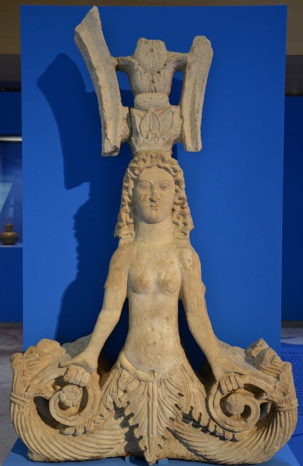 The Mixoparthenos (half-maiden), a hybrid creature from the Black Sea, limestone sculpture, 1st-2nd century AD, from Panticapaeum, Taurica (Crimea)