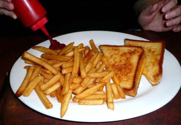 grilled cheese and french fries for breakfast at the airport