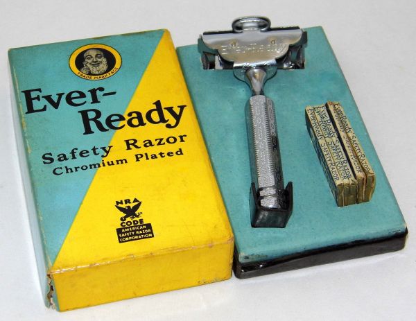 Vintage Ever-Ready Chromium Plated Single Edge Safety Razor, American Safety Razor Corporation, Made In USA, The NRA (National Recovery Administration) Code Logo On Box Dates The Razor To 1933 - 1935