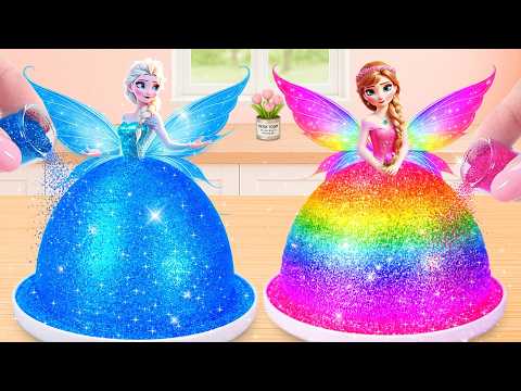 Blue vs Rainbow Glitter Dress Cake Battle 🌈 Sparkly Princess Cake Challenge | Lily Little Cake