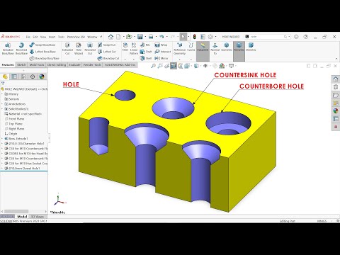 Create a Hole Using Hole Wizard in Solidworks, Simple Hole, Countersink Hole and Counterbore Hole